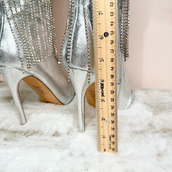 Berness Silver Metallic  W/Dangling Rhinestone Fringe 4 1/2" Stiletto OTK Boot - Picture 5 of 9
